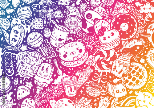 Doodling kawaii style cute cartoon characters candy shop. Illustration and letters love sweet food. Vector colorful gradient