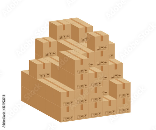 pile crate boxes 3d cube, cardboard box for factory warehouse storage, cardboard parcel boxes stack of warehouse factory, packaging cargo, boxes brown isolated on white background