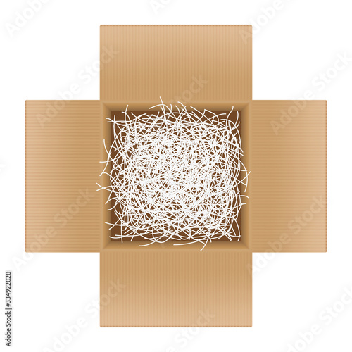 white shredded paper in cardboard box brown open for gift pack, shredded paper in the box brown top view for packaging, doodle shredded paper for recycle waste, scrap paper garbage isolated on white