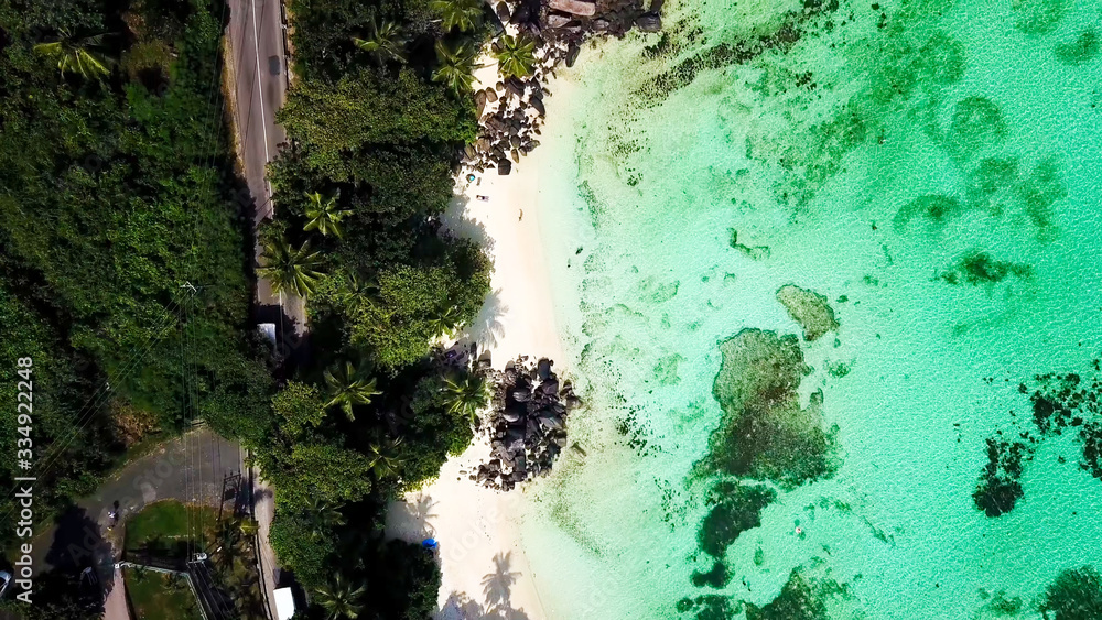 Seychelles beach aerial view of Praslin Island Anse Lazio beach
