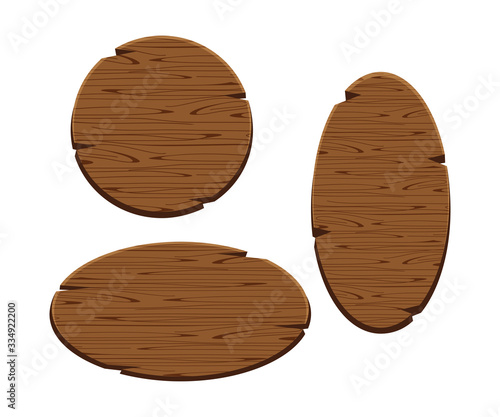 round wooden sign and oval isolated on white background, set of wood panel frame cartoon style, collection wood plank brown, empty wooden signpost for copy space message text