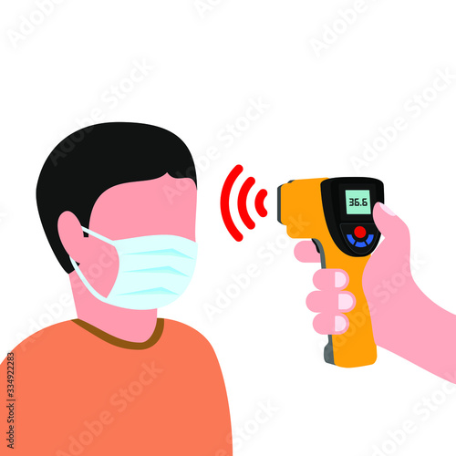 Doctor holding a non-contact thermometer in hand. Temperature check. Mask on the face. Coronavirus prevention. Epidemic 2019-ncov. Vector illustration flat design. Isolated on white background. EPS10