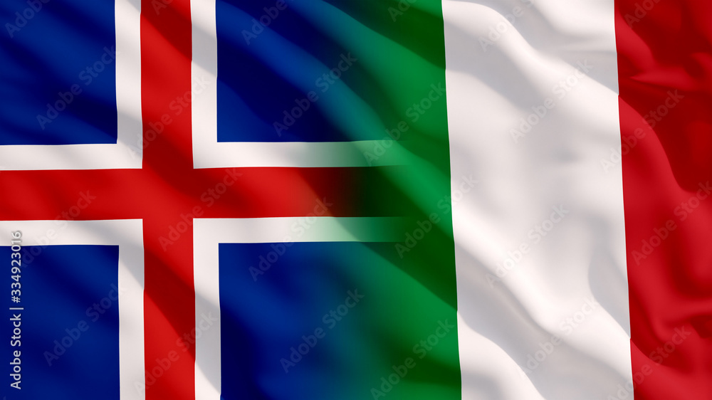 Fototapeta premium Waving Italy and Iceland National Flags with Fabric Texture