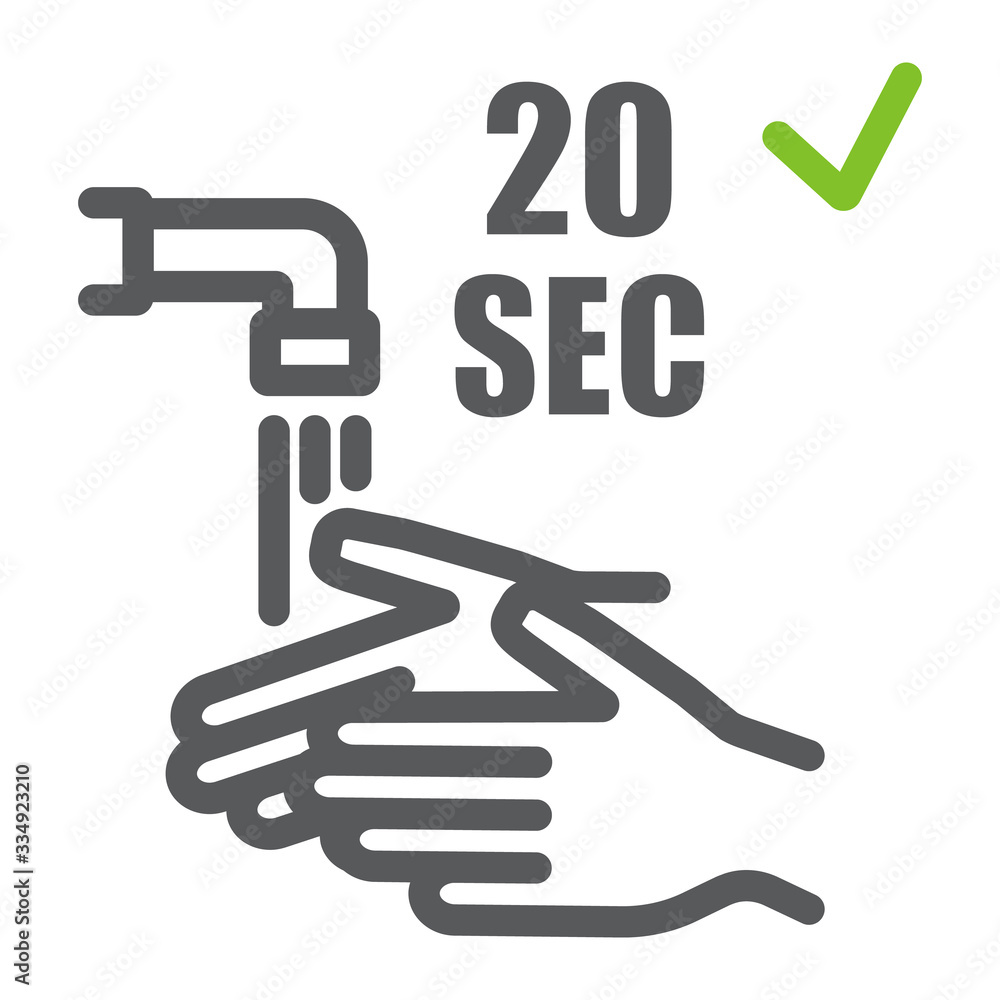 Washing your hands 20 seconds line icon, wash and hygiene, wash your hands sign, vector graphics, a linear pattern on a white background, eps 10. Washing your hands 20 seconds line icon, wash and hygiene, wash your hands sign, vector graphics, a linear pattern on a white background, eps 10.