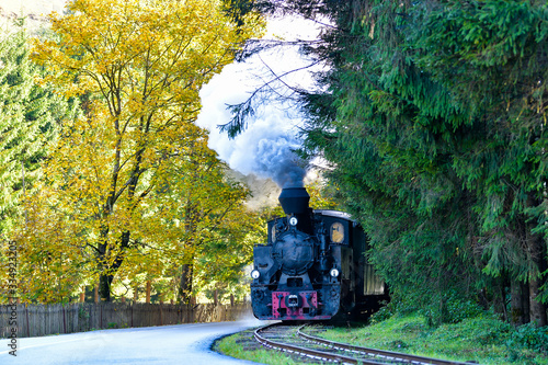 Running wood-burning locomotive of Mocanita ( Bucovina, Romania).