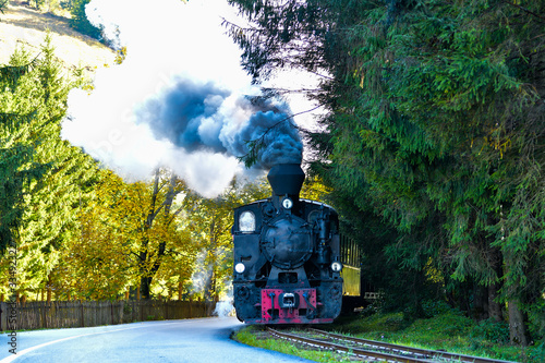 Running wood-burning locomotive of Mocanita ( Bucovina, Romania). photo