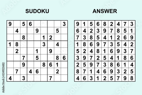 Vector sudoku with answer 347. Puzzle game with numbers.
