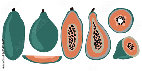 Vector set of green papaya - sliced, piece and cube, juice. Tropic vegetarian pawpaw in cartoon flat style.