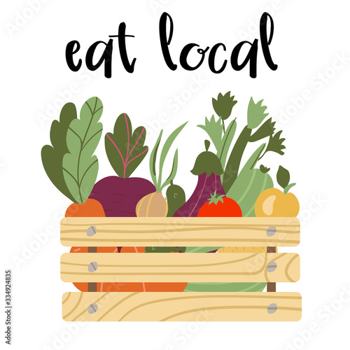eat local - lettering. box with vegetables. Mesh eco box full of vegetables isolated on white background. Vector illustration in flat cartoon style.