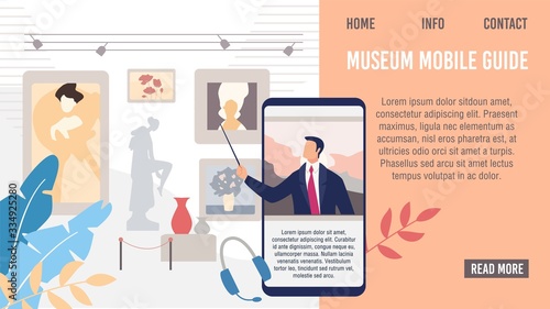 Museum Mobile Guide Application or Service Web Banner, Lading Page Template. Excursion Guide Telling, Pointing with Pointer on Museum Artworks from Smartphone Screen Trendy Flat Vector Illustration