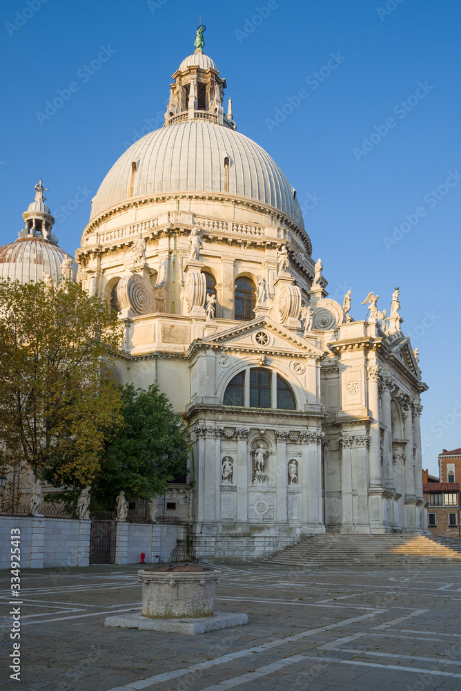 Basilica of Santa Maria della Salute closeup on a sunny day. Venice, Italy