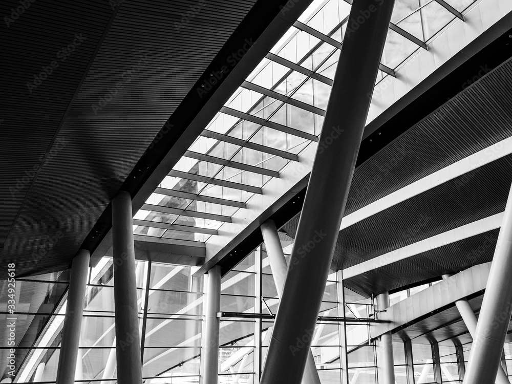 wood-paneled ceiling of a modern building with large glass windows and columns wood-paneled ceiling of a modern building with large glass windows and columns