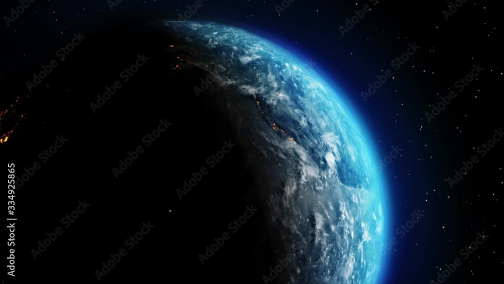 Planet Earth Slowly Rotating day to night concept with bright city lights from space 4K Loop Animation. Space, Planet, Galaxy, Stars, Cosmos, Sea, Earth, Sunset, Globe, World. Planet Earth Slowly Rotating day to night concept with bright city lights from space 4K Loop Animation. Space, Planet, Galaxy, Stars, Cosmos, Sea, Earth, Sunset, Globe, World.