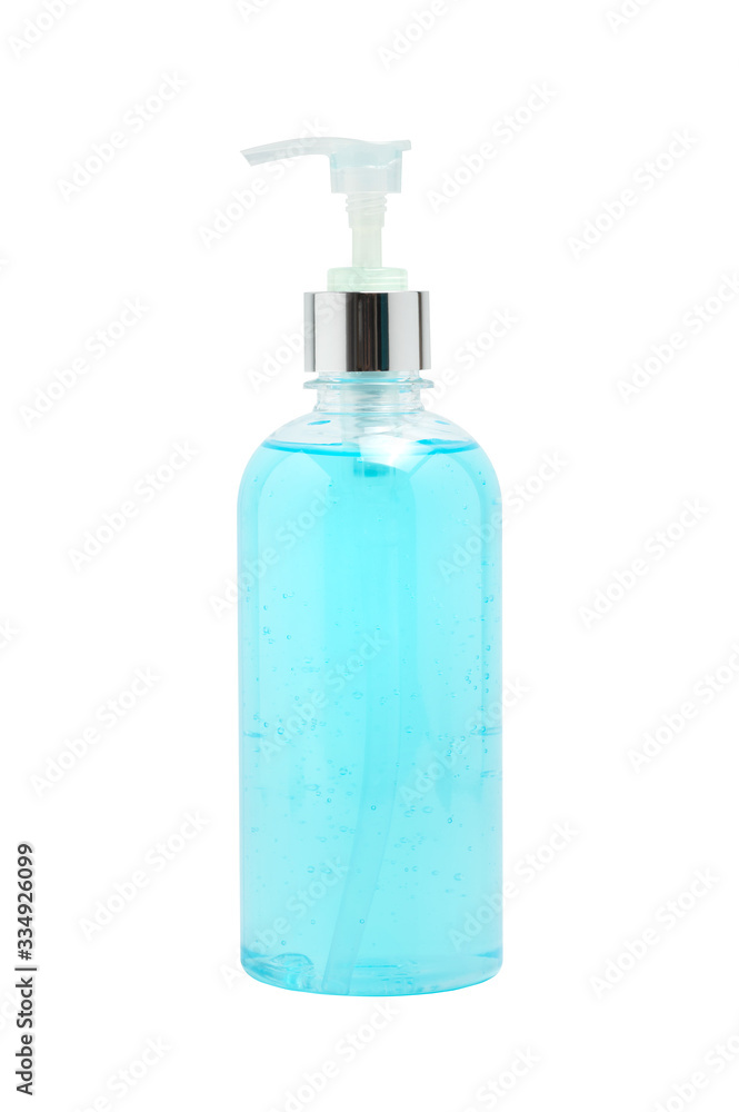 Alcohol gel hand sanitizer in clear plastic bottle isolated on white background with clipping path
