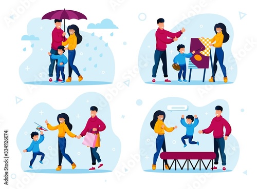 Family Outdoor Recreation and Hobby Activities Trendy Flat Vector Concepts Set. Parents with Child Walking in Rain, Visiting Drawing Lessons, Jumping on Trampoline, Shopping on Sale Illustrations