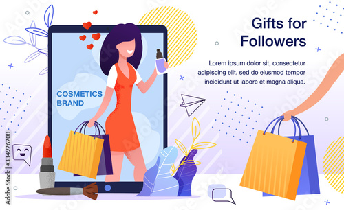 Blogger Audience Engaging, Product for Women Makeup Advertising, Cosmetics Brand Promotion, Marketing Campaign with Gifts for Company Blog Follower Banner, Poster Trendy Flat Vector Illustration