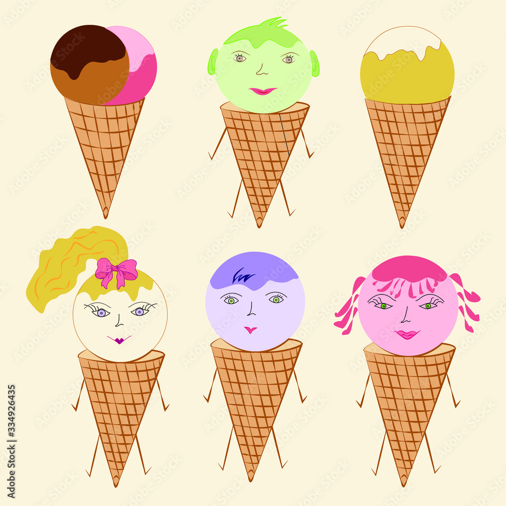 Funny ice cream figures. Cartoon characters. Ice cream of different tastes. Vector illustration. Funny ice cream figures. Cartoon characters. Ice cream of different tastes. Vector illustration.