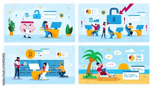 Online Security, Network Breakage, Bitcoin Trading, Digital Nomad Trendy Flat Vector Concepts Set. Trojan Stealing Data, Employees in Panic, Mining Farm Owners, Freelancer Works on Beach Illustration