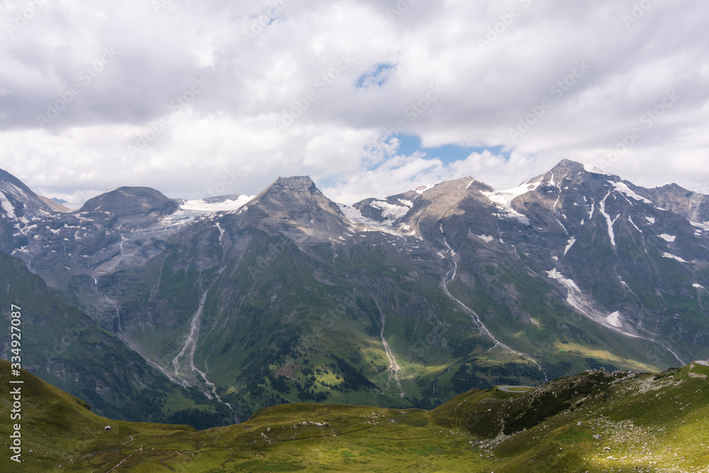 View of Grossglockner Mountain from the Grossglockner High Mountain Road. Breathtaking views of the Austrian Alps, Zell am See district, state of Salzburg in Austria. (Europe)