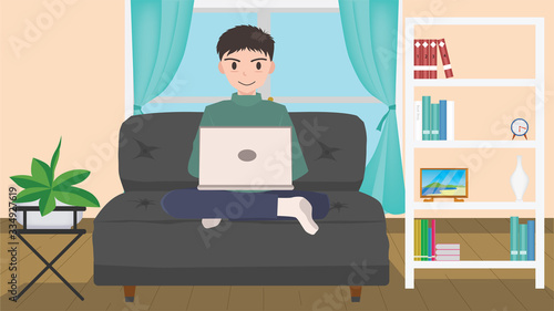 Working from home concept of man sitting on a sofa at home. Use notebook for work Problems from the Covid-19 virus.