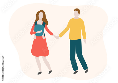 Family vector illustration. Couple walking with newborn in baby carrier. Faceless man and woman holding hands