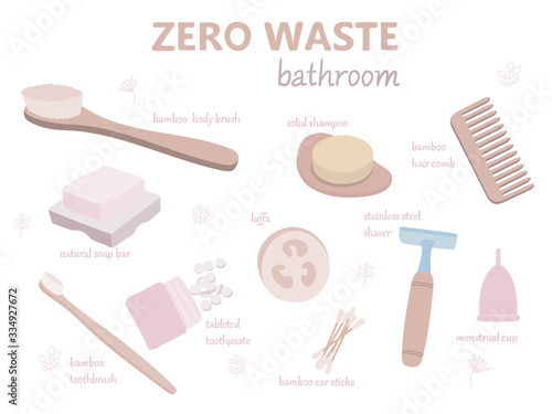 Zero waste set of vector objects that can be used in bathroom (bamboo brush, toothbrush, hair comb, ear sticks, metal shaver, bar of solid shampoo). Soft pastel colors, flat minimal style, lettering