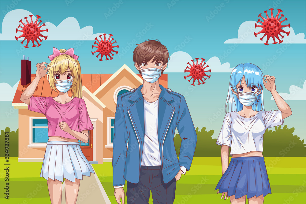 people with face masks and covid19 particles in the park people with face masks and covid19 particles in the park