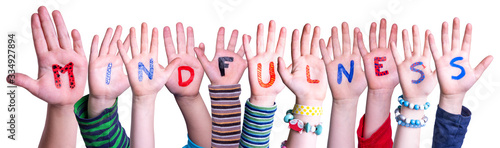 Children Hands Building Colorful English Word Mindfulness. White Isolated Background