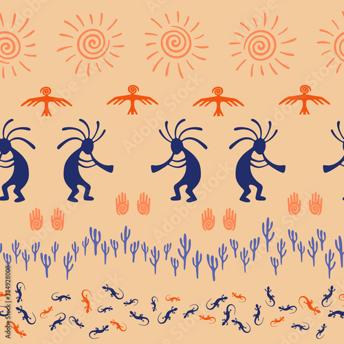 design with trickster god, swirl icons on human palm, sun, eagle.
