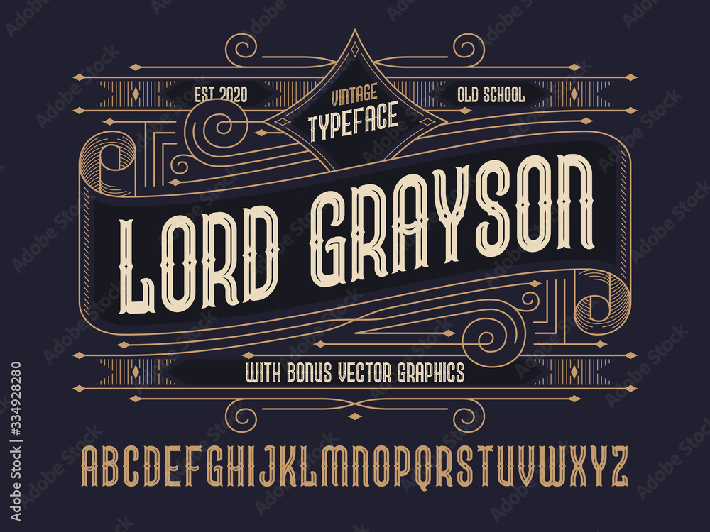 Old school classic style font named "Lord Grayson" with line art ornament label template - obrazy, fototapety, plakaty 