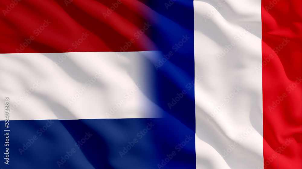 Waving Netherlands and France National Flags with Fabric Texture