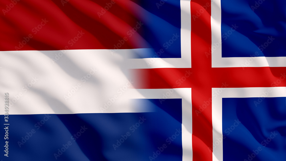 Obraz premium Waving Netherlands and Iceland National Flags with Fabric Texture