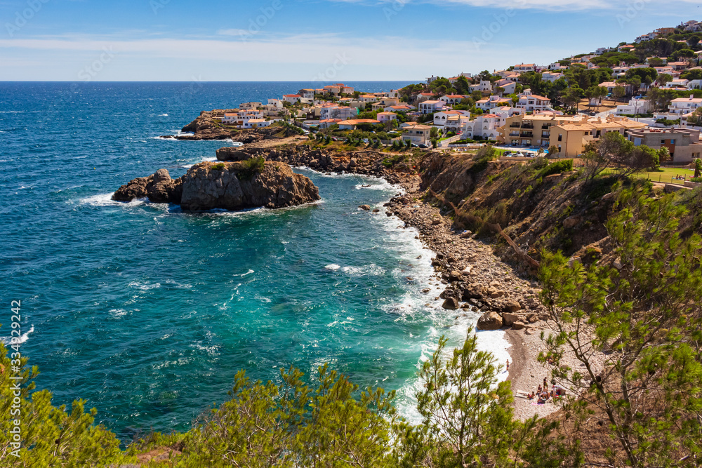 View of the tip of Cala Montgo from the cliffs of the Montgri Natural Park. Costa Brava, Catalonia, Spain