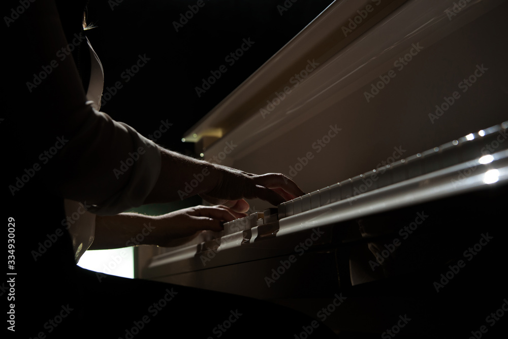 Woman hands playing a piano, musical instrument