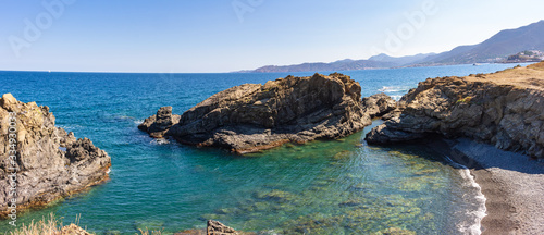 Panoramic from the coastal path from Llansa to Colera, Costa Brava, Catalonia, Spain