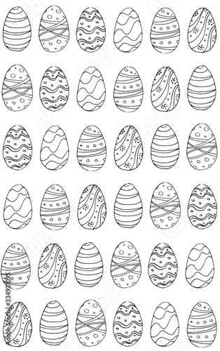 Line art graphic hand drawn pattern of isolated eggs elements in sketch and doodle style on white background