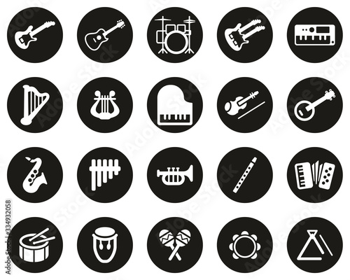 Musical Instruments Icons White On Black Flat Design Circle Set Big