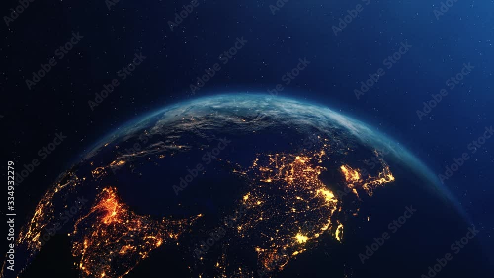 The Night seen of Planet Earth City Lights from the International Space Station space clouds . Sunsire 4K Loop Animation. Space, Planet, Galaxy, Stars, Cosmos, Sea, Earth, Sunset, Globe, World.