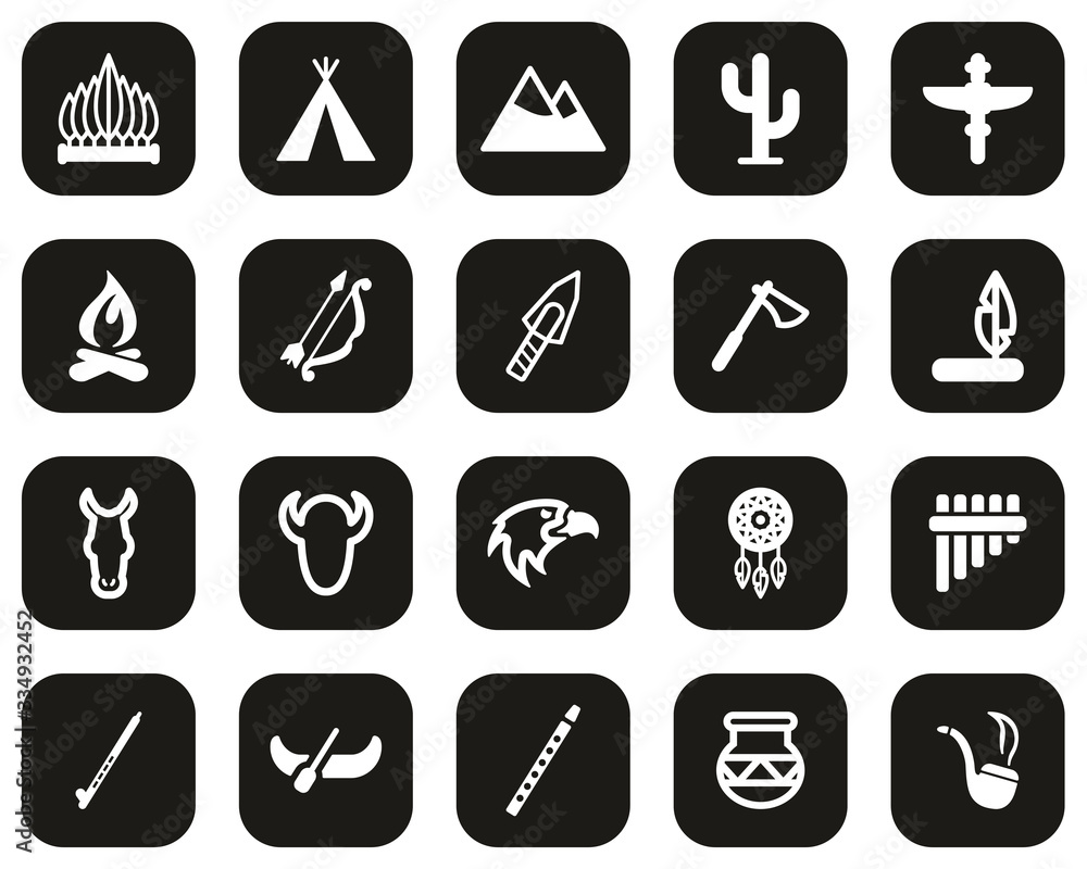Native American Culture Icons White On Black Flat Design Set Big Native American Culture Icons White On Black Flat Design Set Big