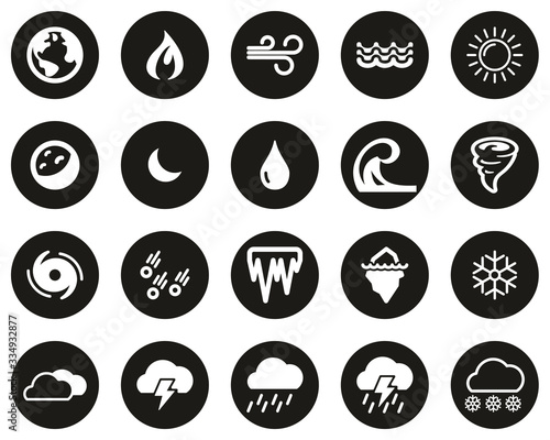 Nature Elements Icons White On Black Flat Design Circle Set Big