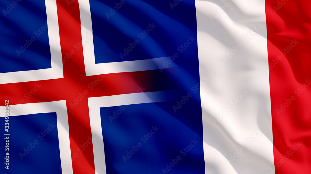 Waving Iceland and France National Flags with Fabric Texture Waving Iceland and France National Flags with Fabric Texture