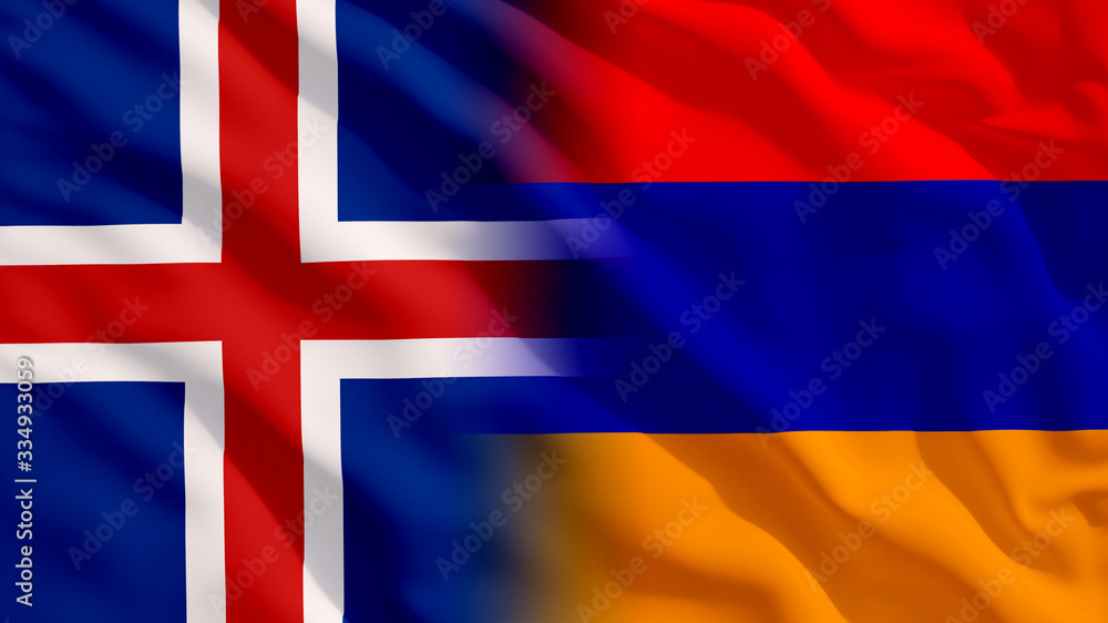 Fototapeta premium Waving Iceland and Armenia National Flags with Fabric Texture