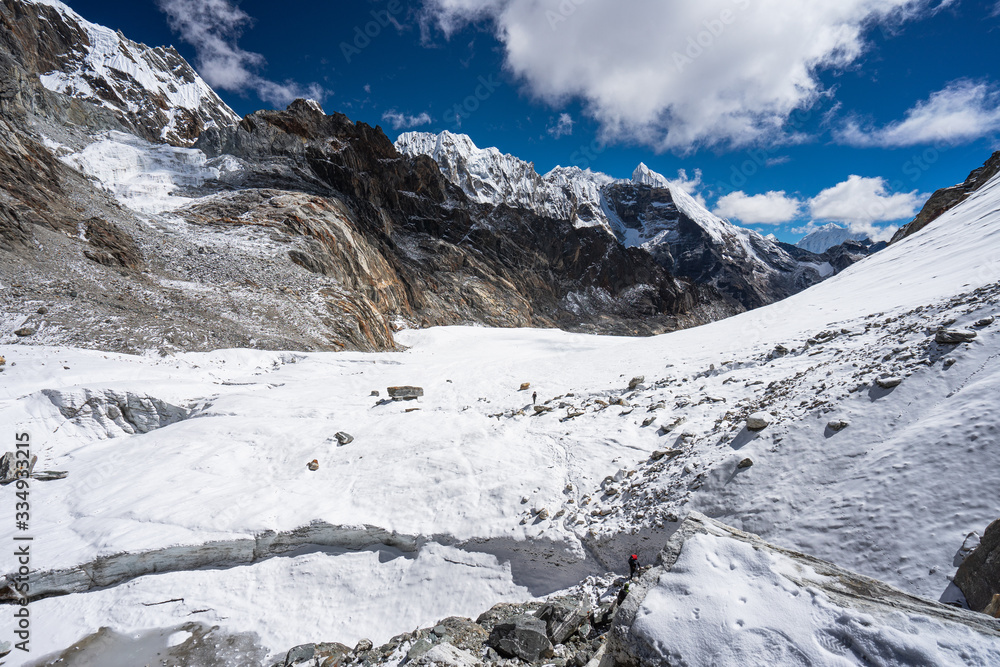 Chola pass landscape high mountain pass between Dzongla and Gokyo village in Everest national park, Himalaya mountains range in Nepal