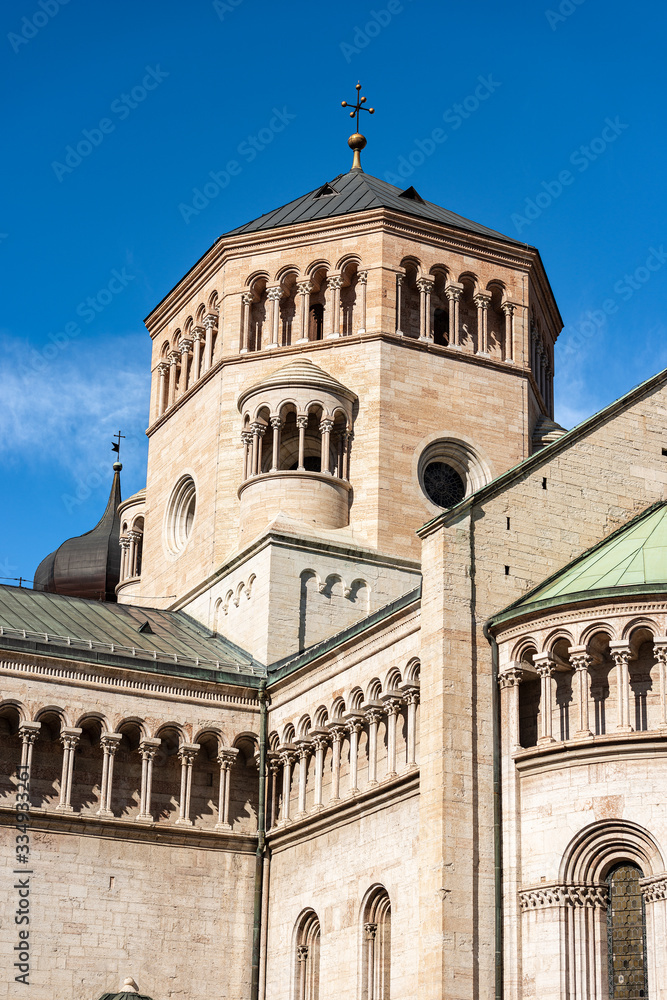 Closeup of the San Vigilio Cathedral (Duomo di Trento, 1212-1321) in Romanesque and Gothic style, Trento downtown, Trentino-Alto Adige, Italy, Europe