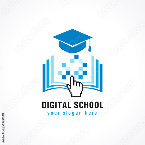 Digital school education cursor logo. Online educational vector illustration with pixel book and academic cap. E-book, e-library or e-reader soft icon