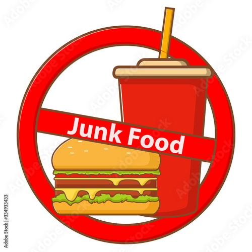 Stop junk fast food  hamburger and soda.Danger label greasy food.Line art flat illustration vector.