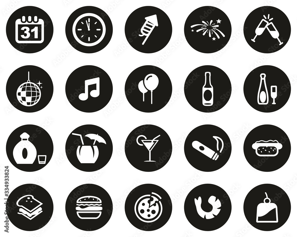 New Years Eve Or New Years Party Icons White On Black Flat Design Circle Set Big New Years Eve Or New Years Party Icons White On Black Flat Design Circle Set Big