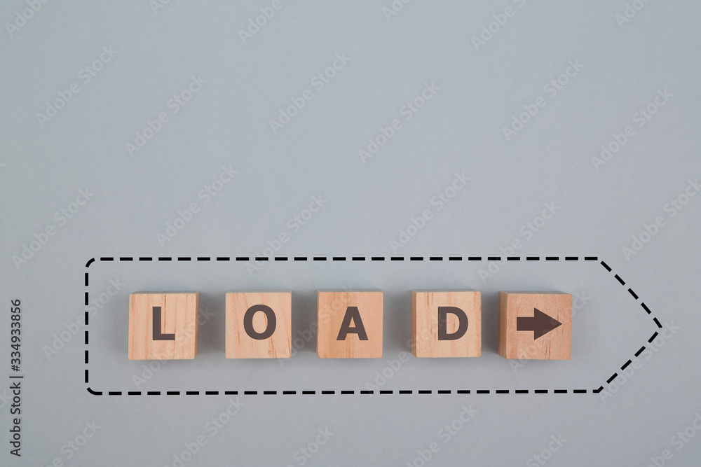 Fototapeta premium Download progress. Success, idea loading. Update program. Almost complete. Wooden cubes, load inscription. Copy space