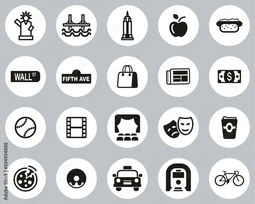New York City & Culture Icons Black & White Flat Design Circle Set Big New York City & Culture Icons Black & White Flat Design Circle Set Big