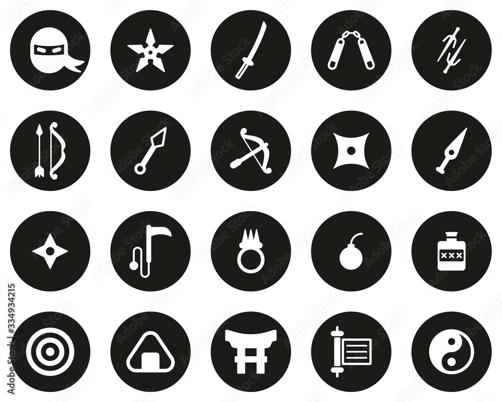 Ninja & Ninja Equipment Icons White On Black Flat Design Circle Set Big
